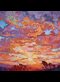 detail of a painting of a sunset in oranges, golds, and purples