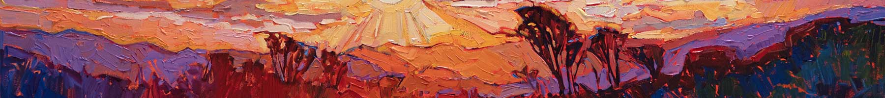 detail of a painting of a sunset in oranges, golds, and purples