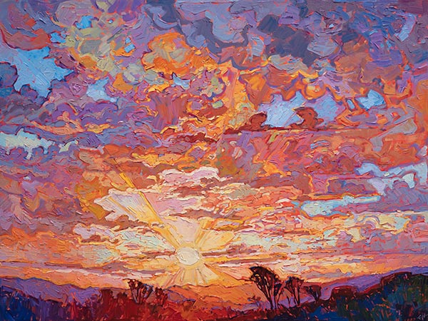 a painting of a sunset in oranges, golds, and purples