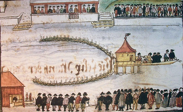 a painting of the drowning of Felix Manz, an anabaptist