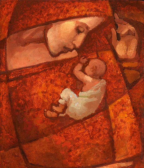 painting in orange and red of a mother and baby
