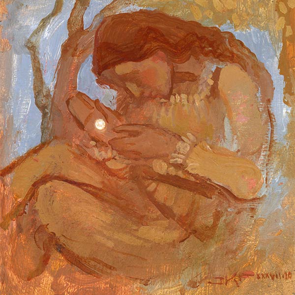 Gemälde in Orange und Hellblau einer Frau, die eine Perle hält