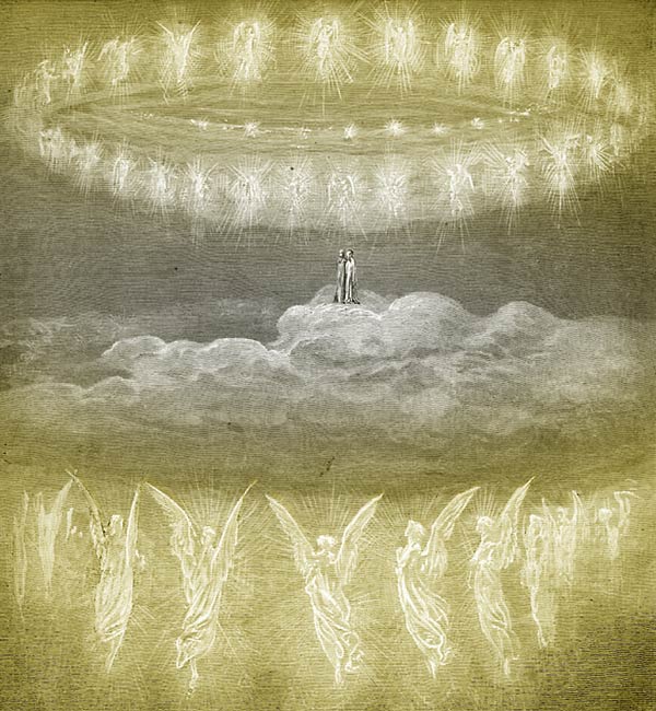yellow colorized etching of rings of angels around two figures on a cloud illustrating Dantes work