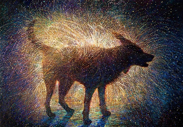 painting of a dog shaking off its fur in front of a bright light