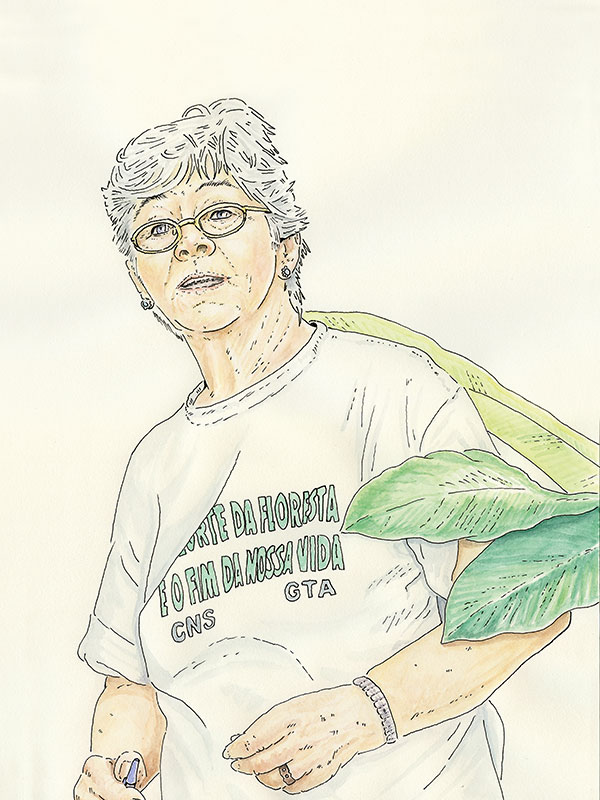 ink and watercolor illustration of a grey haired woman in a t-shirt with green rainforest leaves