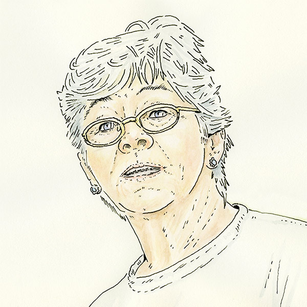 ink and watercolor illustration of a grey haired woman in a t-shirt 