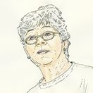 ink and watercolor illustration of a grey haired woman in a t-shirt 