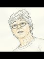ink and watercolor illustration of a grey haired woman in a t-shirt