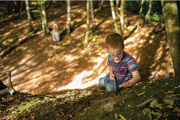 boy in a striped shirt playing in a sunny forest