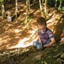 boy in a striped shirt playing in a sunny forest