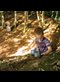 boy in a striped shirt playing in a sunny forest