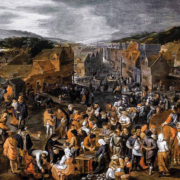 painting of a busy market place with a city skyline in the background