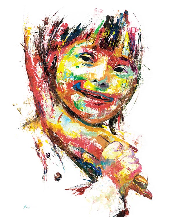 painting of smiling boy with Down Syndrome in abstract bright colors