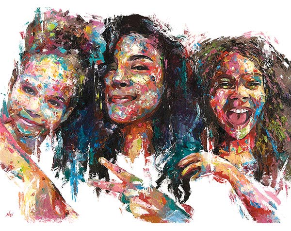 painting of three sisters smiling in abstract bright colors