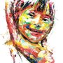 painting of smiling boy with Down Syndrome in abstract bright colors
