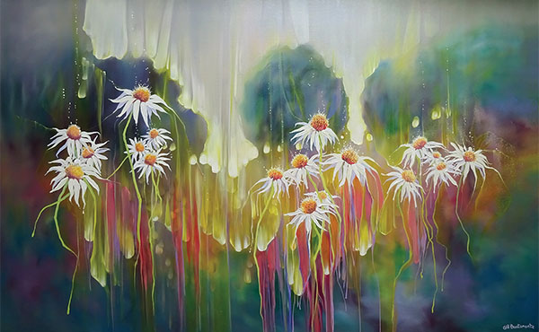 painting of daisies with a multicolor background