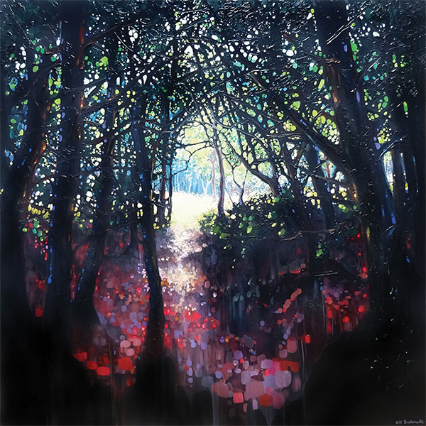 painting of a path through a dark forest with a bright clearing in the distance