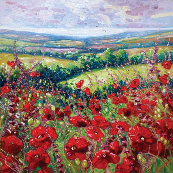 painting of a field of red poppies with green fields in the distance