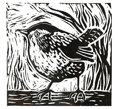 black and white woodcut image of a wren