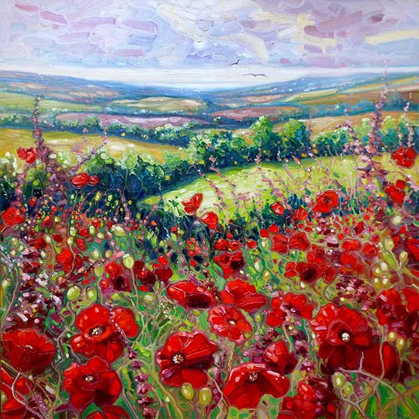 a painting of a field full of poppies in the English countryside
