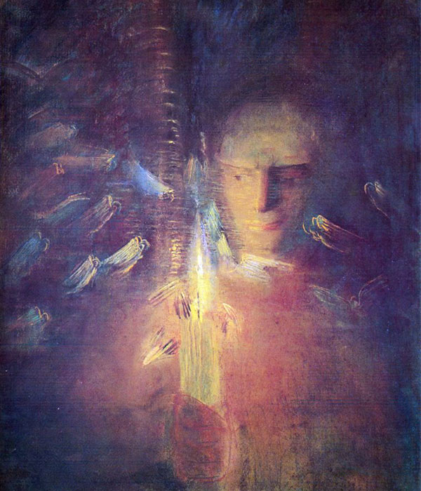 painting of a man looking at a candle in the dark
