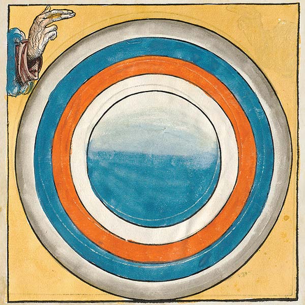 artwork from an account of the Creation found in the Nuremberg Chronicle depicting Day Two as a circle of light and dark colors with colorful borders