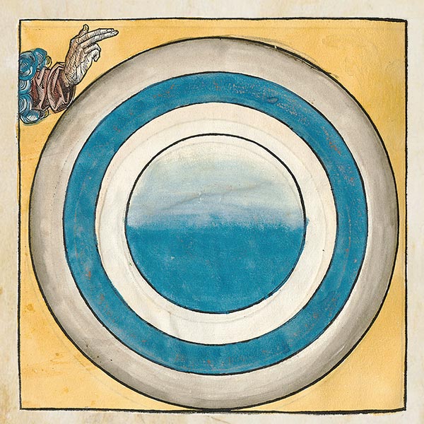 artwork from an account of the Creation found in the Nuremberg Chronicle depicting Day Three as a circle of light and dark colors with colorful borders