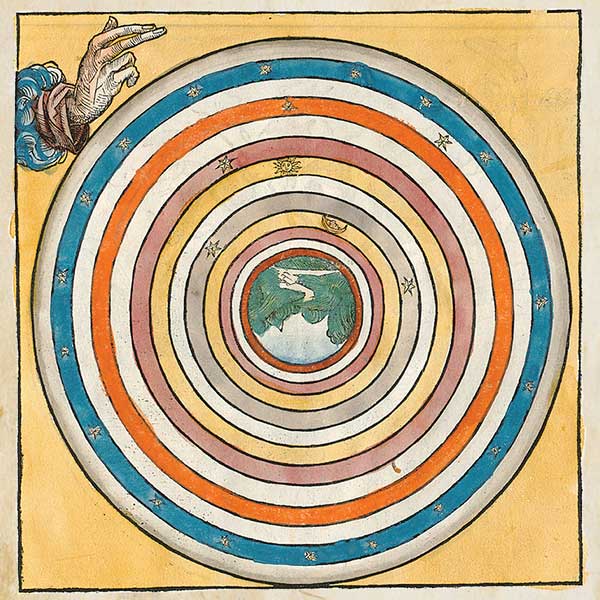 artwork from an account of the Creation found in the Nuremberg Chronicle depicting Day Four as a circle of with colorful borders, with green shapes in the center