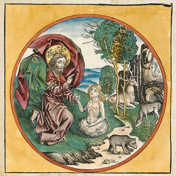 artwork from an account of the Creation found in the Nuremberg Chronicle depicting Day Six as a circle with drawing Adam being formed from clay