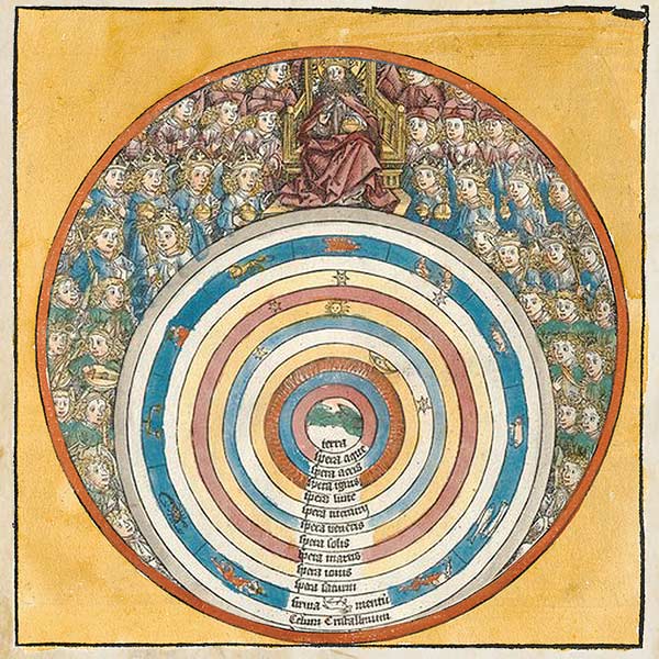 artwork from an account of the Creation found in the Nuremberg Chronicle depicting Day Four as a circle of with colorful borders, with green shapes in the center surrounded by people
