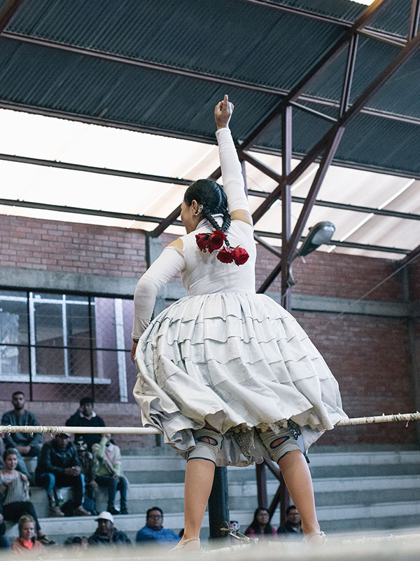 photograph of an Aymara woman with her fist in the air