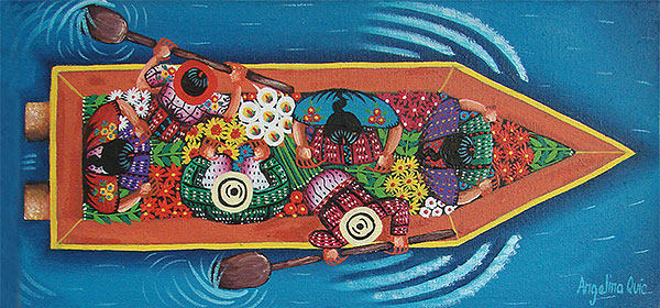 painting of an overhead view of a boat full of fruit and veggies