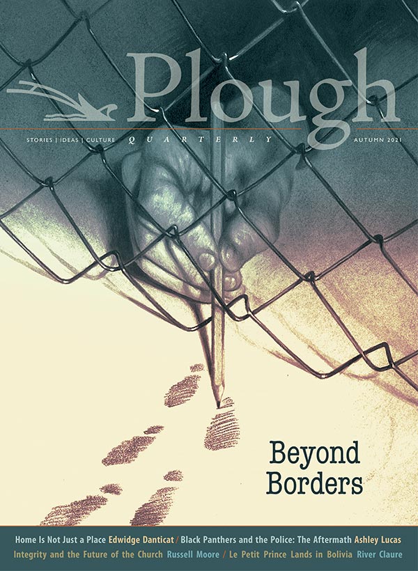 front cover of Plough Quarterly No. 29: drawing of a hand reaching through a fence with a pencil to draw footprints leading away from the fence