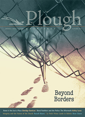 front cover of Plough Quarterly No. 29: drawing of a hand reaching through a fence with a pencil to draw footprints leading away from the fence