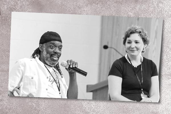 Russell Shoatz III and the author speak at a Plough event on August 7, 2021.