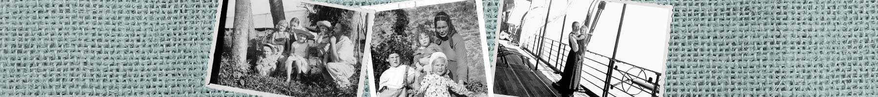 several black and white photos laid on a teal burlap background