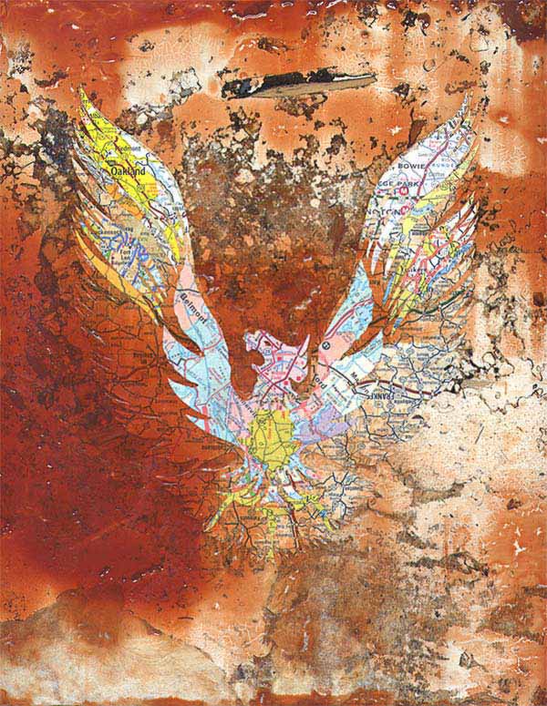 Matthew Cusick, Firebird, maps, enamel, plaster, and coffee grains on OSB, 2002