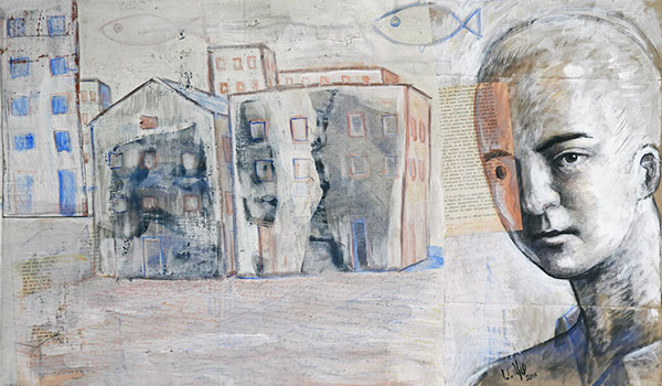 collage painting of a person looking at a building