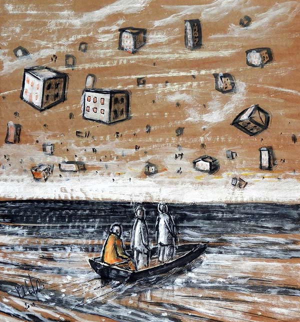 collage painting of several people in a boat looking at floating houses