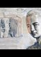 collage painting of a person looking at a building