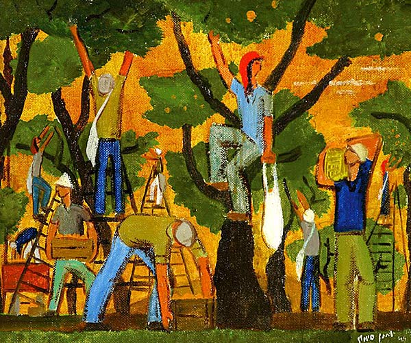painting of people on ladders harvesting oranges