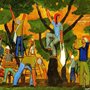 painting of people on ladders harvesting oranges