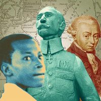 collage of a young Rwandan student, Richard Kandt, and Immanuel Kant against a map of Rwanda