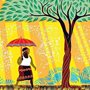 artwork from a book cover showing a woman in traditional African dress carrying an umbrella
