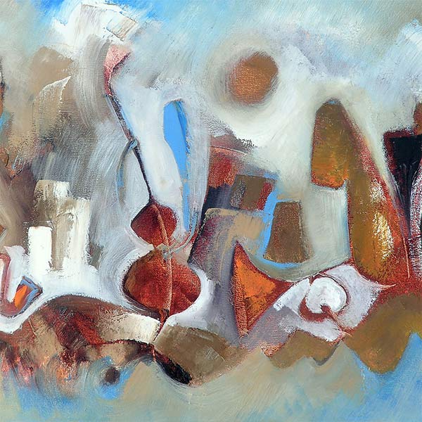 painting in rust red, blue, white, and brown