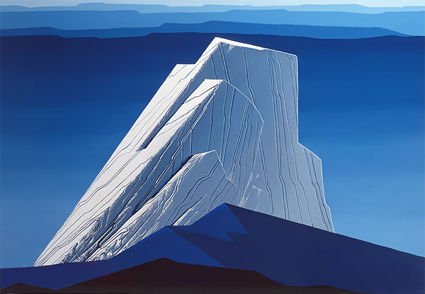 artwork of a large white rock against a blue sky