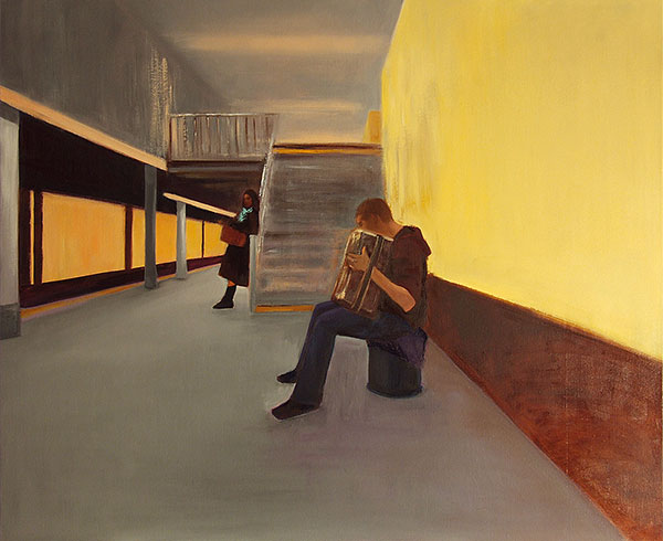 painting of a man playing accordion in a train station