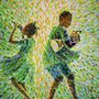 green, gold, and pink expressionist painting of two kids playing instruments