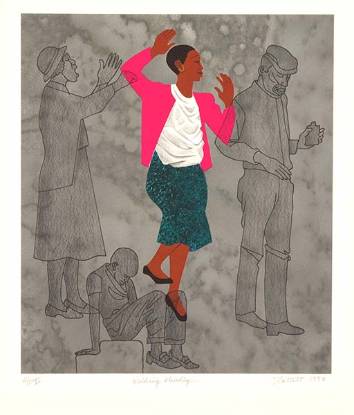artwork of a Black woman dancing in a pink coat