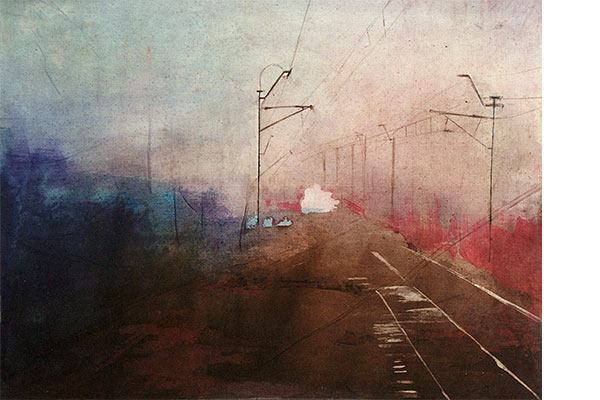 painting of telephone wires and a railroad